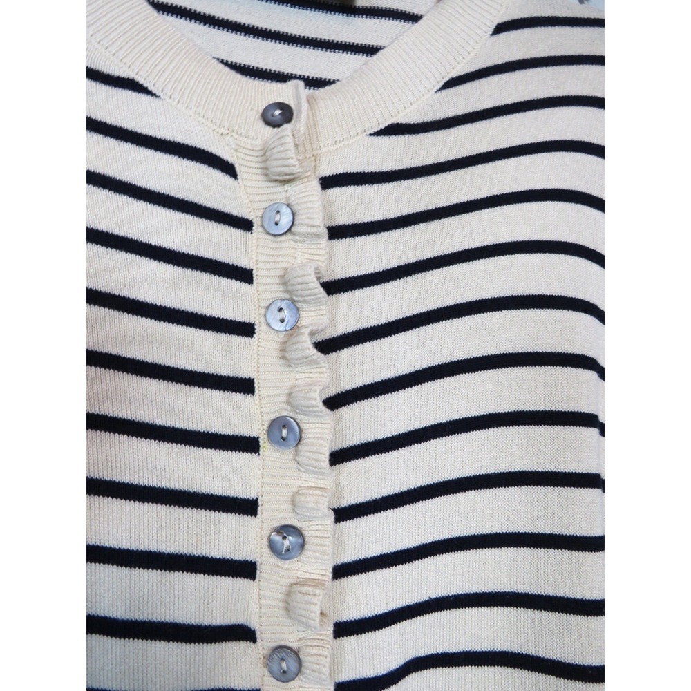 Zara Cream & Navy Stripe Ruffle Trim Cardigan Medium Button Front Bangladesh - Picture 5 of 12